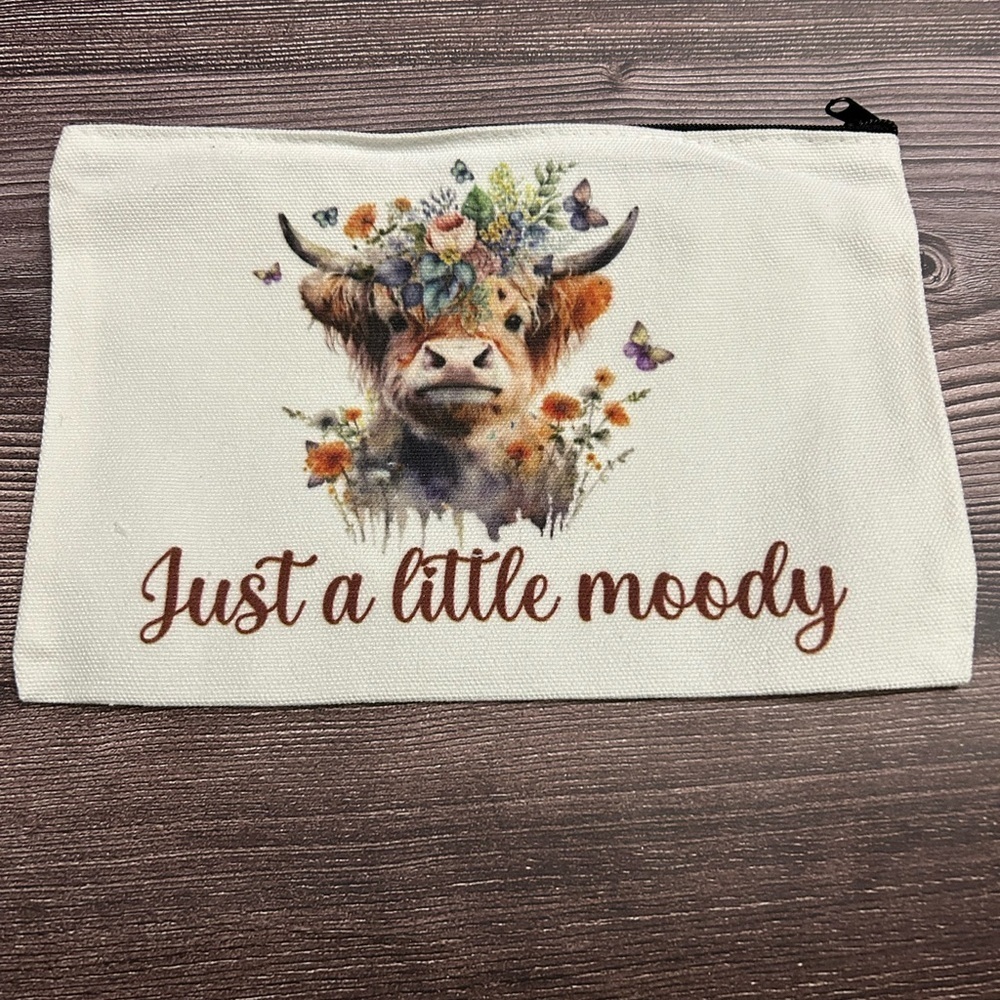 Highland Cow Floral Accent Makeup Pouch
